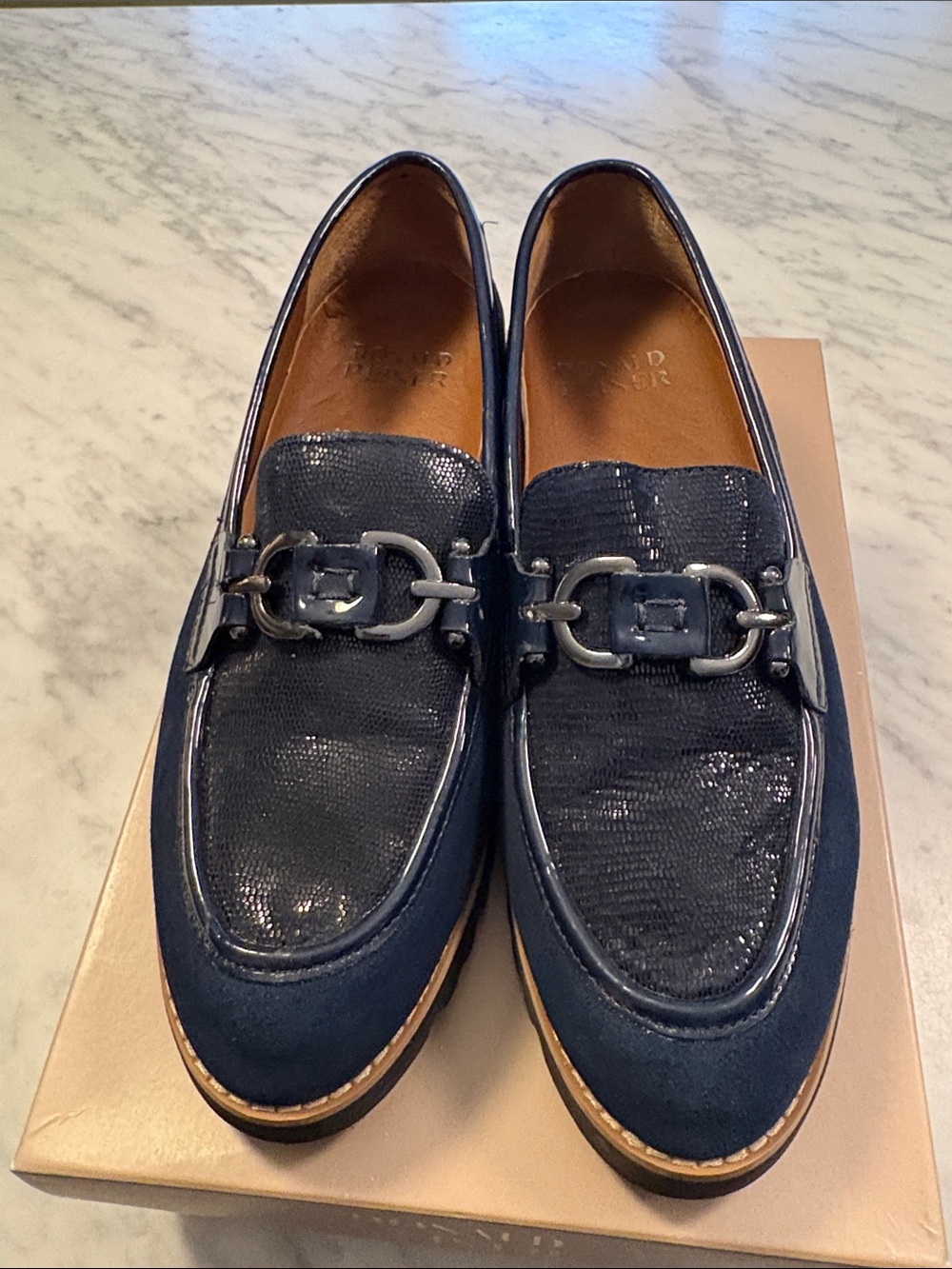 Donald J. Pliner women’s Navy Textured Leather Bit Loafers